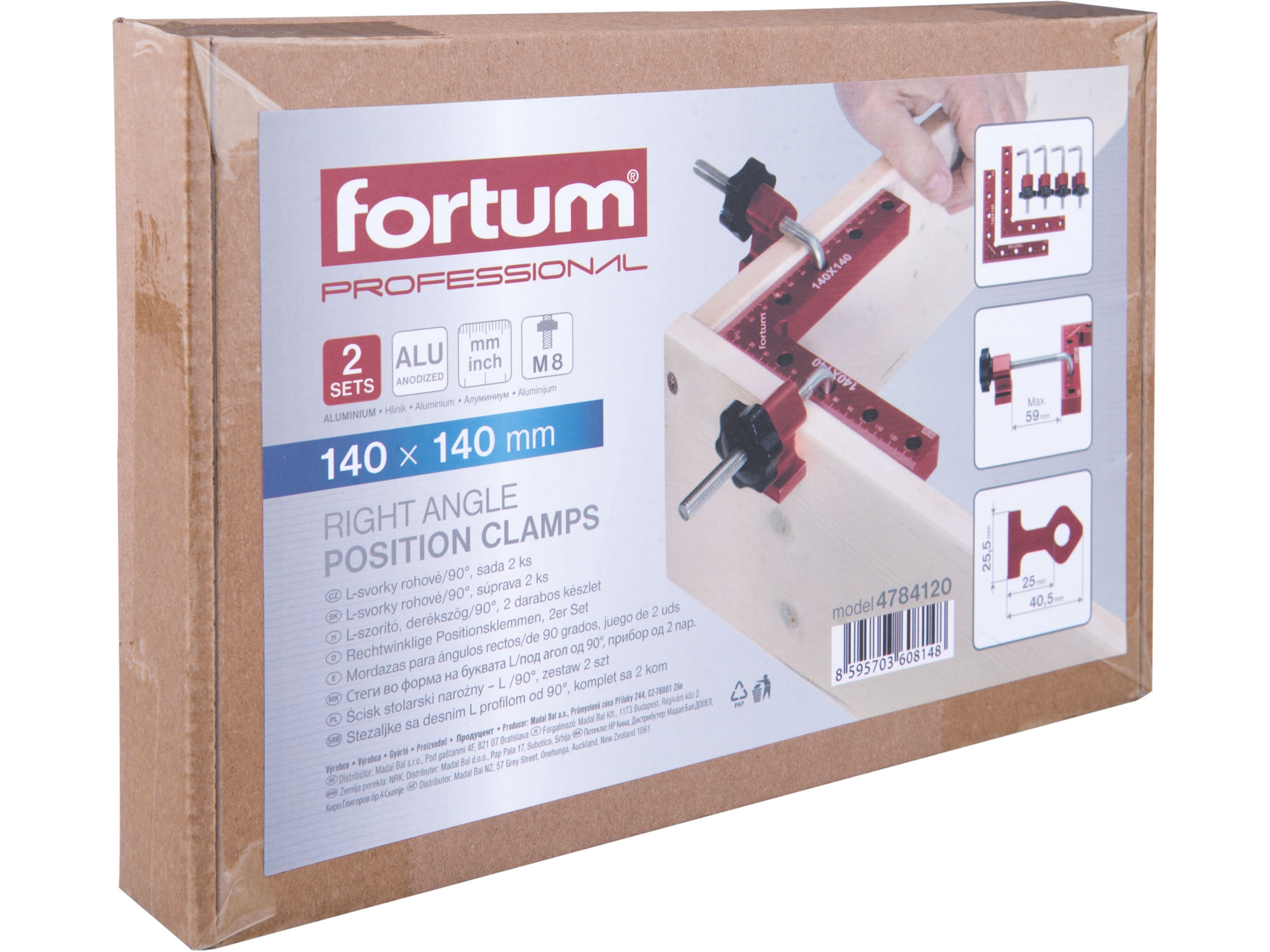 Rohové L-svorky 90° – sada 2ks, 140×140mm, eloxovaný hliník, FORTUM, 4784120