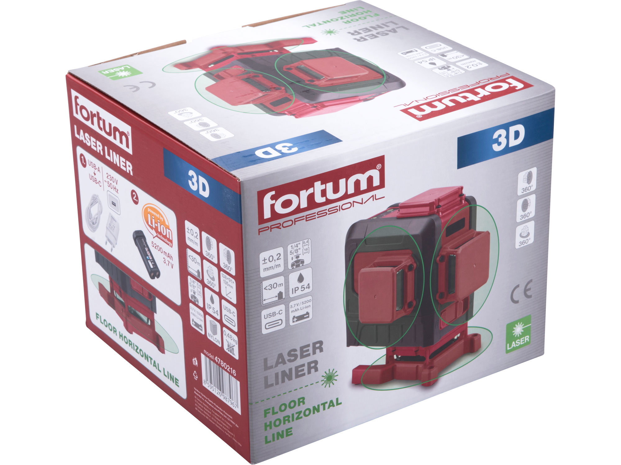 Křížový samonivelační laser zelený 3D liniový FORTUM 4780216