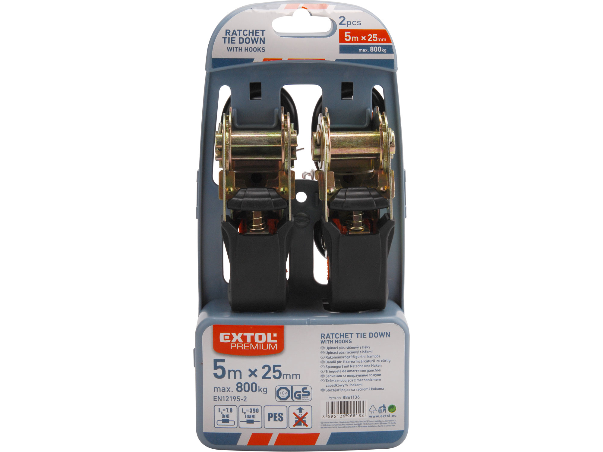 Pás upínací ráčnový s háky, 5m x 25mm, sada 2ks, max. 800kg, EXTOL PREMIUM, 8861136