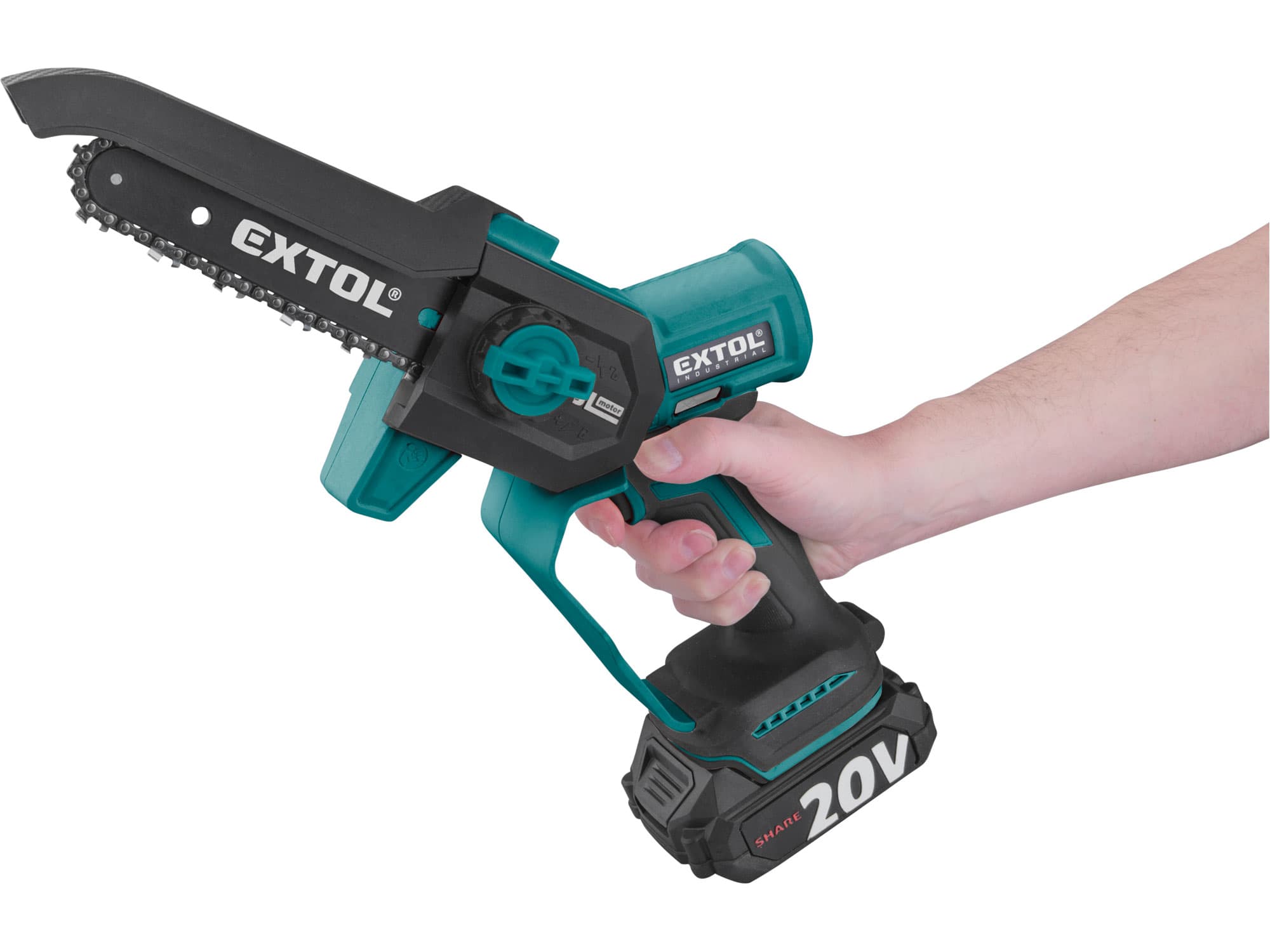 Pila řetězová aku jednoruční SHARE20V 2Ah13cm, BRUSHLESS EXTOL INDUSTRIAL 8791922