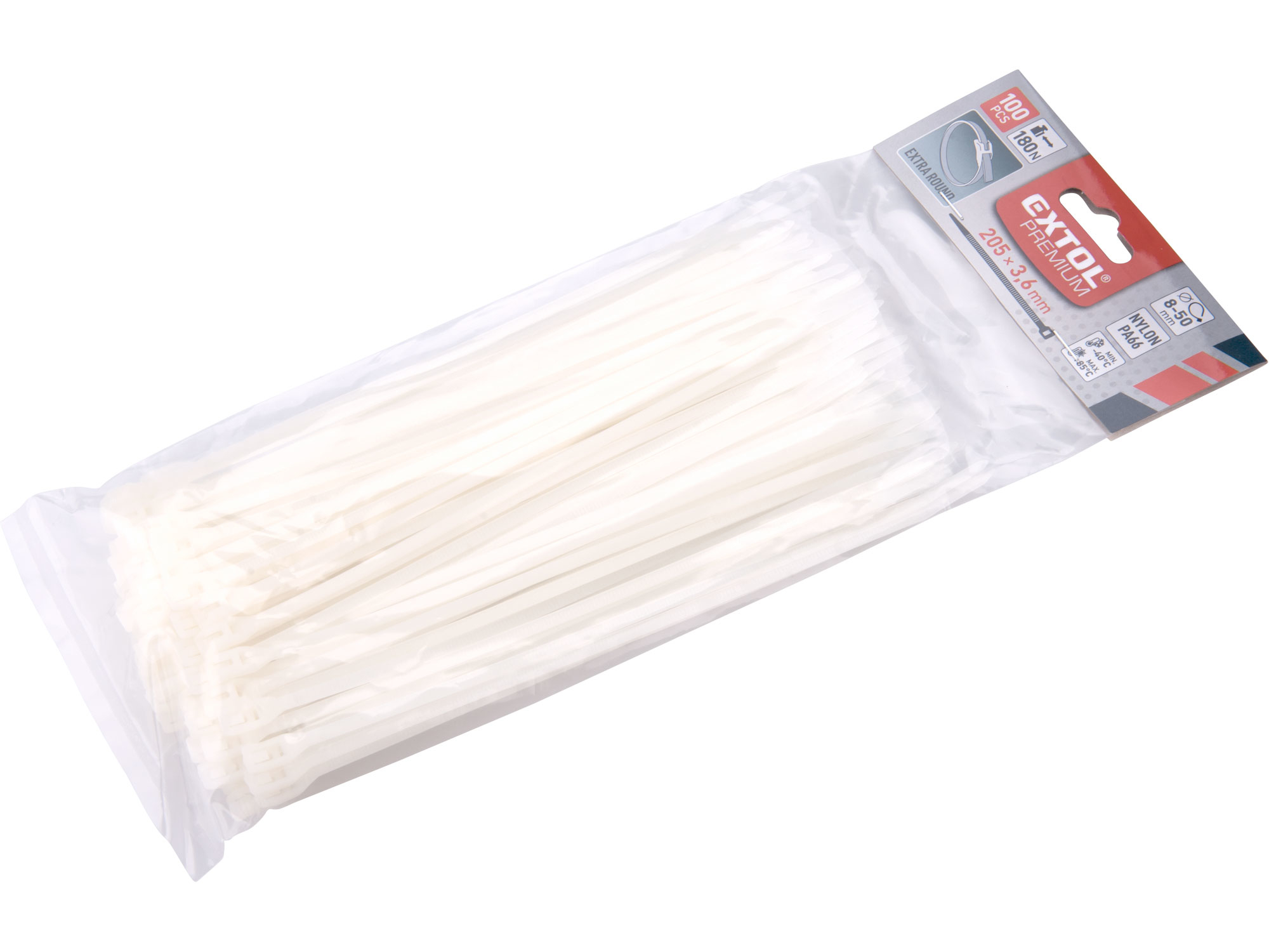 Pásky stahovací na kabely EXTRA, bílé, 205x3,6mm, 100ks, nylon PA66, EXTOL PREMIUM, 8856222