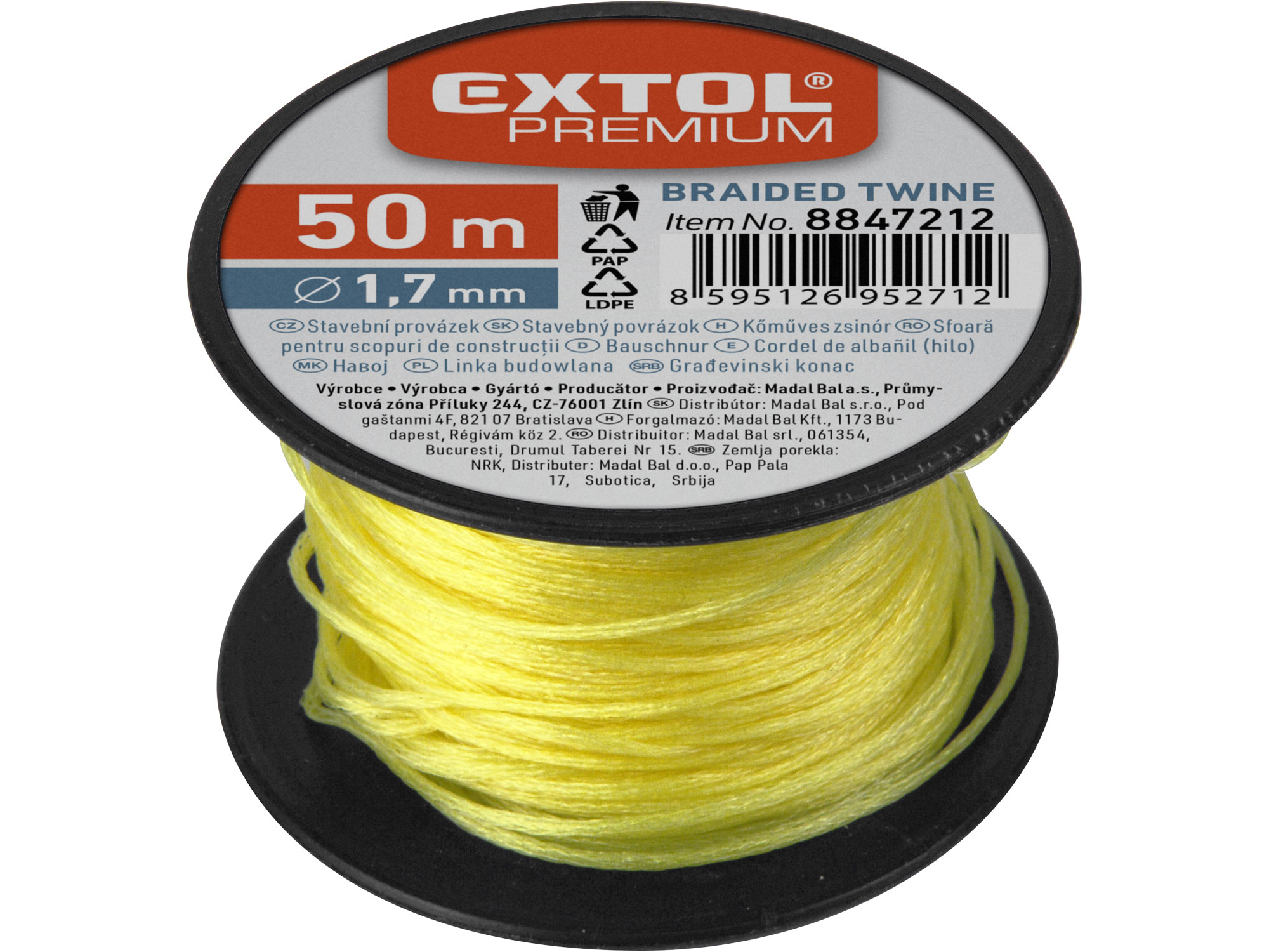 Provázek stavební, 1,7mm, 50m, žlutý, EXTOL PREMIUM, 8847212
