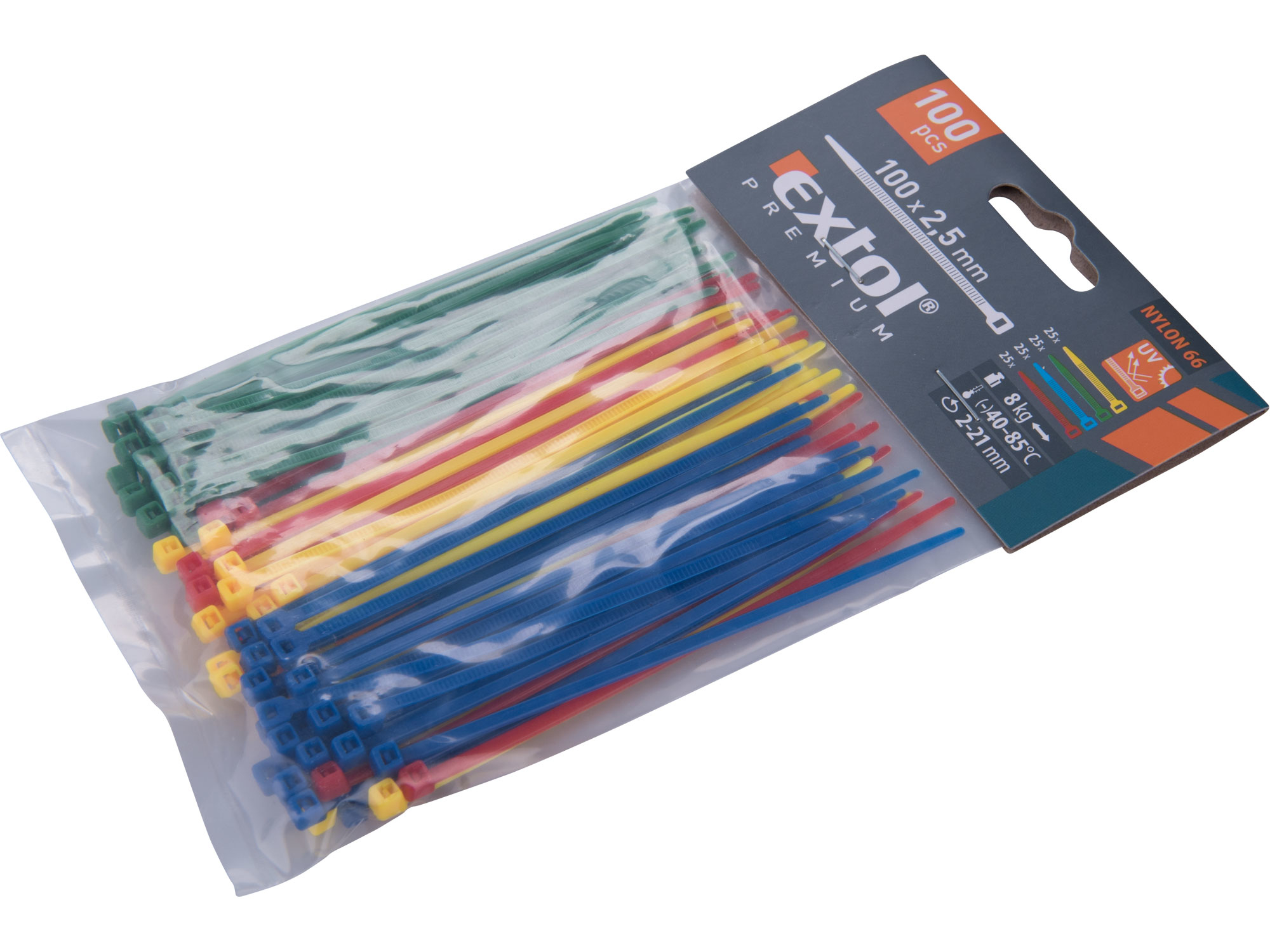 Pásky stahovací barevné, 100x2,5mm, 100ks, (4x25ks), 4 barvy, nylon PA66, EXTOL PREMIUM, 8856192