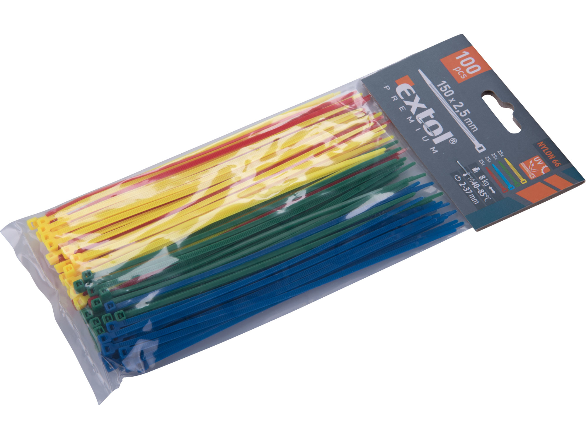Pásky stahovací barevné, 150x2,5mm, 100ks, (4x25ks), 4 barvy, nylon PA66, EXTOL PREMIUM, 8856194
